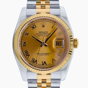 ROLEX DATEJUST 36 MM CHAMPAGNE ROMAN DIAL 18K GOLD & STEEL FLUTED JUBILEE 116233